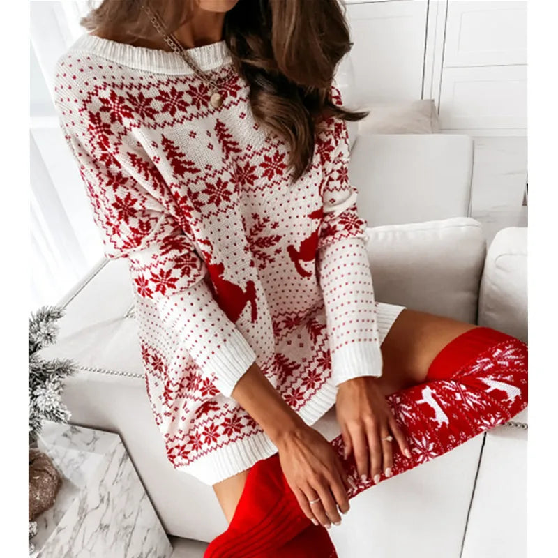 Women's Christmas Knit Sweater Dress - Long Sleeve Mini Holiday Party Dress, Warm Polyester