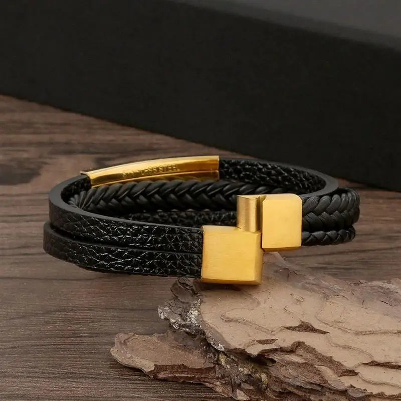 Men's Multi-Layer Woven Leather Bracelet with Alloy Magnetic Buckle - Punk Style, 19/21/23 cm (7.5/8.3/9.1 in)