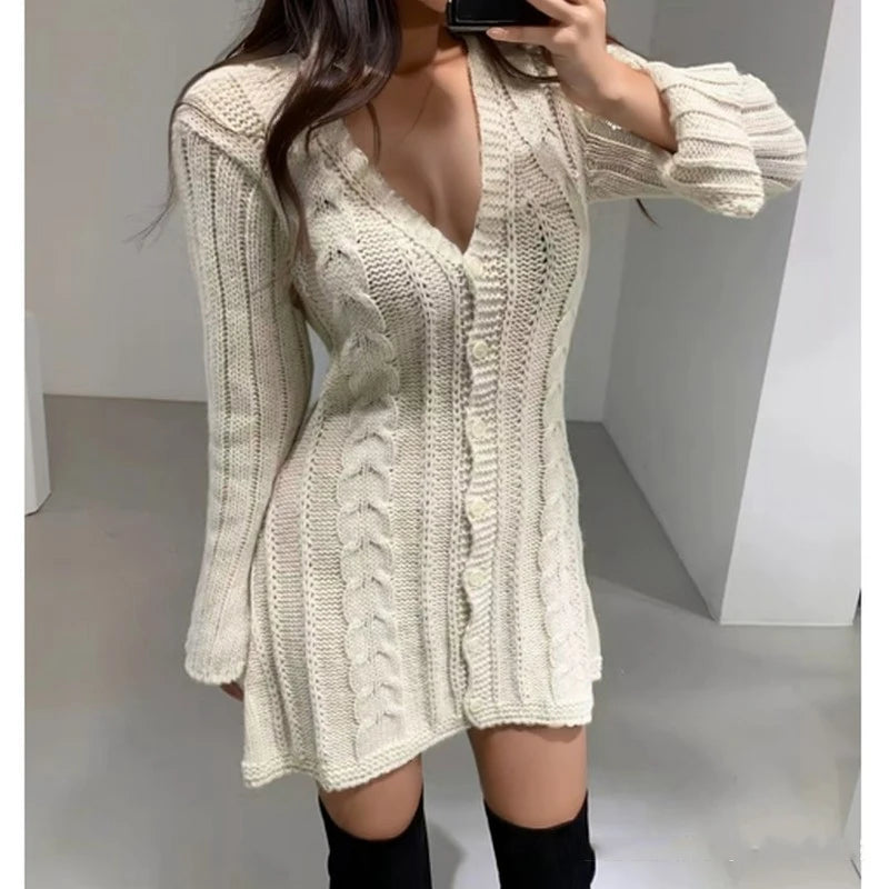 Knit V-Neck Twist Sweater Dress Long Sleeve A-Line Knee-Length Slim Fit (One Size) — Korean Casual Party