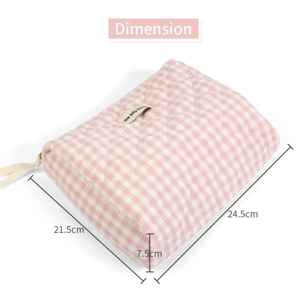 Large Capacity Women's Cosmetic Pouch Pink Plaid Canvas Travel Makeup Bag and Clutch