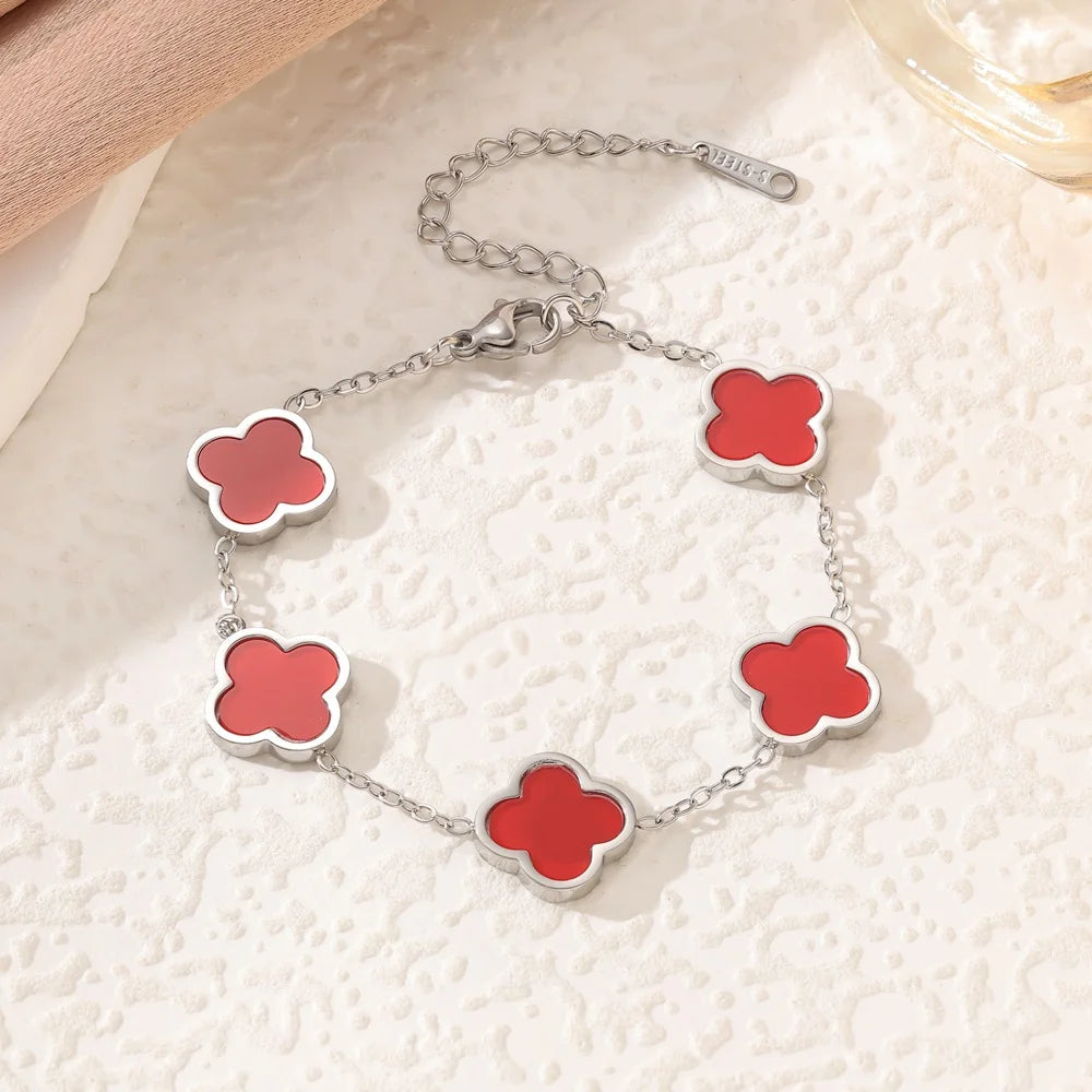 Four-Leaf Clover 18K Gold-Plated Stainless Steel Bracelet with Mother-of-Pearl, Non-Fading Women's Charm