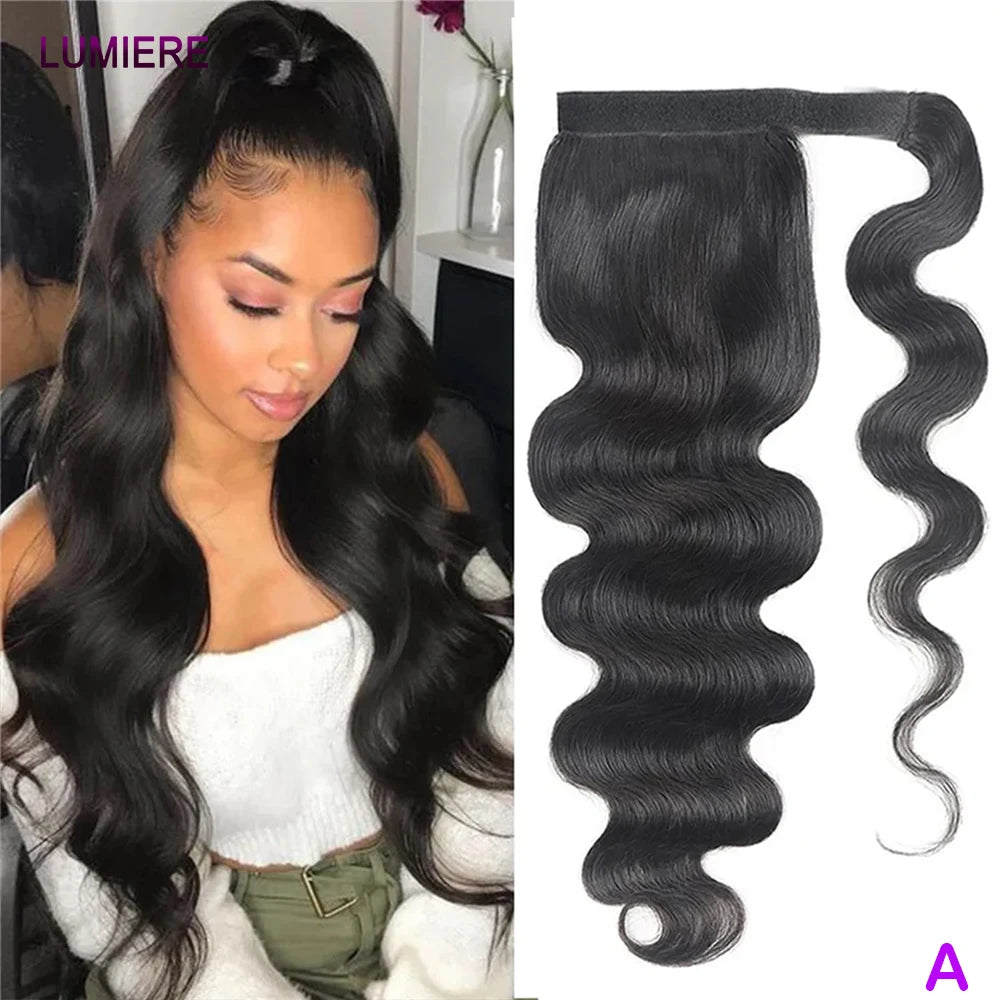 Body Wave Wrap-Around Ponytail Clip-In 100% Virgin Brazilian Human Hair Extensions Natural Black 120g