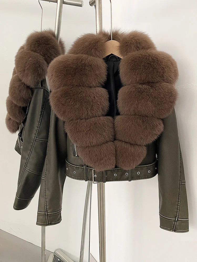 ZMEENNA Women's Faux Leather Moto Jacket with Detachable Faux Fur Collar - Short Warm Winter Coat