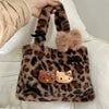 Retro Plush Leopard Print Tote Bag for Women - Cute Cartoon Autumn Winter Shoulder Handbag