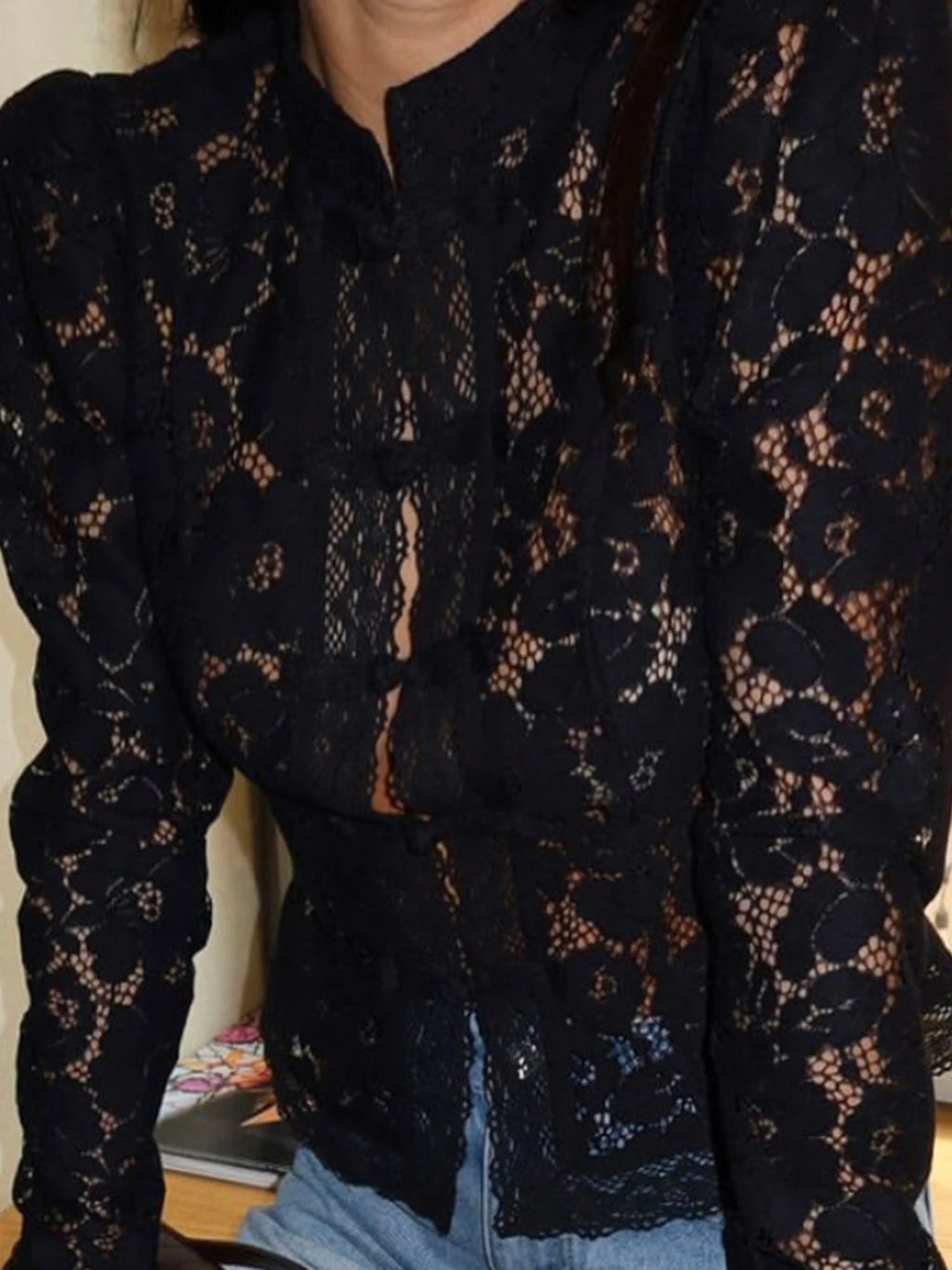 Women's Floral Lace Blouse - Long Sleeve Button-Up Sheer Top for Work & Date Night