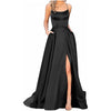 Navy Blue Halter Satin Bridesmaid Dress – Long Spaghetti Straps A-Line with Backless Criss-Cross, Side Slit & Pockets