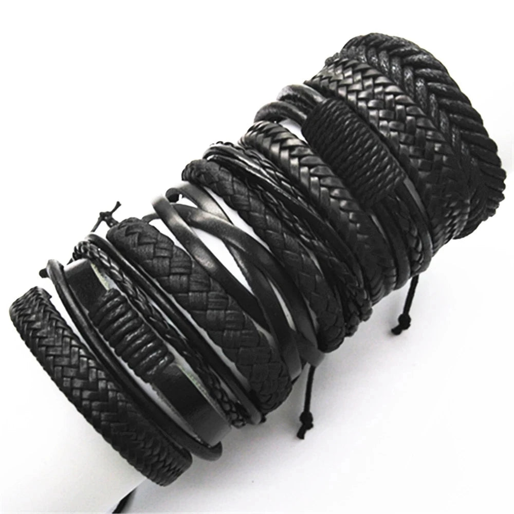 10-Pack Adjustable Black Woven Wrap Leather Bracelets – Handmade Unisex Rope Chain Lace-Up