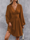 Asymmetric V-Neck Lantern Sleeve Knit Dress – Shirred Waist A-Line Winter Dress for Women