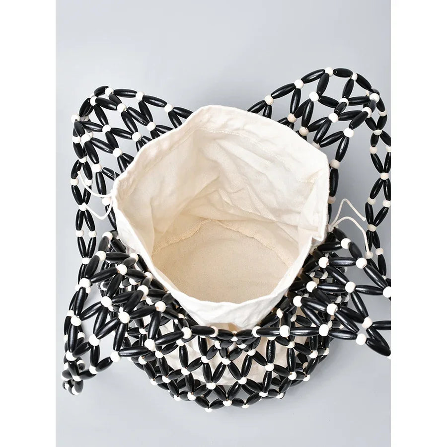 Woven Hollow-Out Bucket Shoulder Bag with Wooden Bead Handle - Netted Canvas Beach Tote for Women