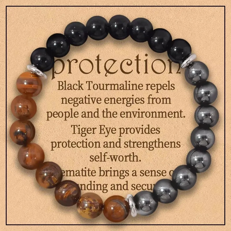 Triple Protection 8mm Gemstone Stretch Bracelet – Tiger Eye, Black Obsidian & Hematite (Unisex)