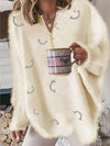 Women's V-Neck Long Sleeve Knit Pullover Zipper Loose-Fit Printed Sweater with Tassel, Casual Office