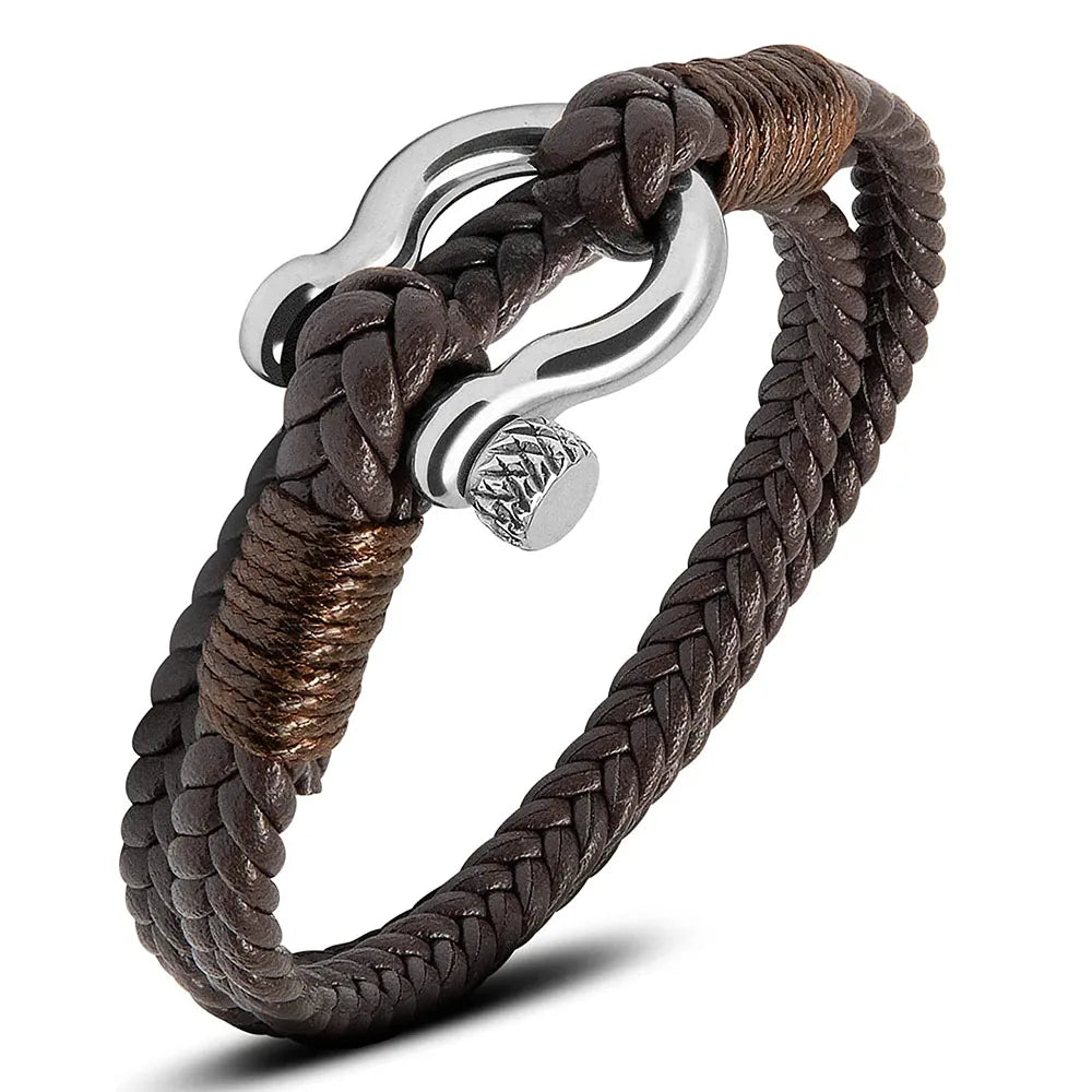 Kirykle Men's Nautical Multilayer Leather Bracelet with Stainless Steel Anchor Shackle, Handmade Adjustable Gift for Dad