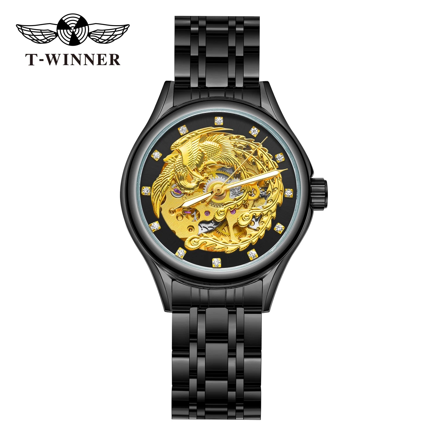 Golden Phoenix Skeleton Dial Automatic Women's Watch Stainless Steel Waterproof Luxury