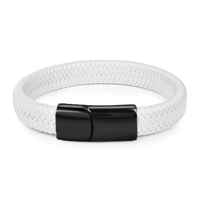 Men's White Braided Leather Bracelet with 316L Stainless Steel Double-Safety Magnetic Clasp — Sizes 18.5/20.5/22 cm (7.3/8.1/8.7 in)