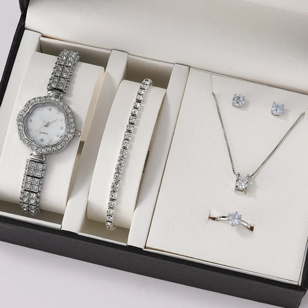 Women's Luxury Quartz Watch & 5-Piece Rhinestone Jewelry Set – Stainless Steel Strap, Bracelet, Necklace, Earrings & Ring