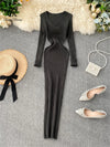 SINGRAIN Women's Autumn Winter V-Neck Long Knit Sweater Dress Slim Stretch Mid-Calf Bodycon
