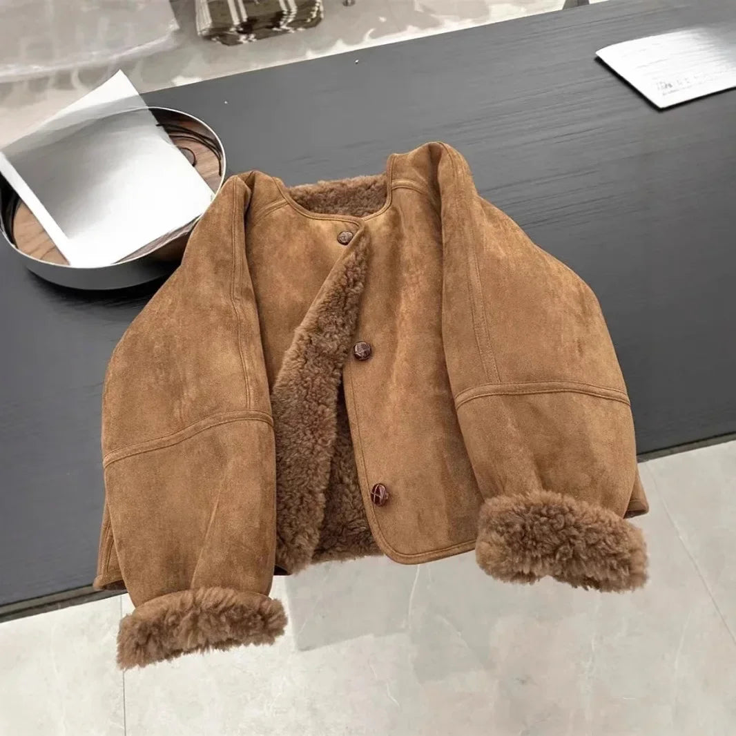 Women's Brown Leather Jacket with Integrated Fur – Thickened Crew Neck Autumn/Winter Coat