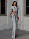 Weird Puss Irregular Hollow Ruched Bodycon Dress Diagonal Collar Short Sleeve Floor-Length