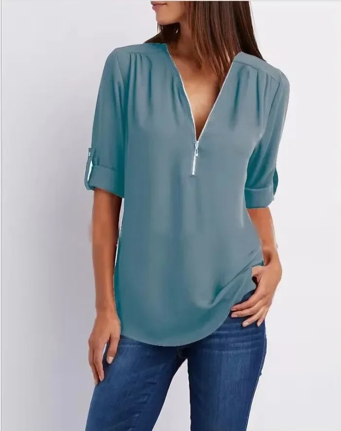 Women's Loose V-Neck Chiffon Blouse with Zipper Pullover — Casual Plus Size