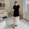 NYFS Plus Size Lace Patchwork A-Line Dress L–3XL | Loose Short Sleeve Mid-Calf Korean Style Floral Hem