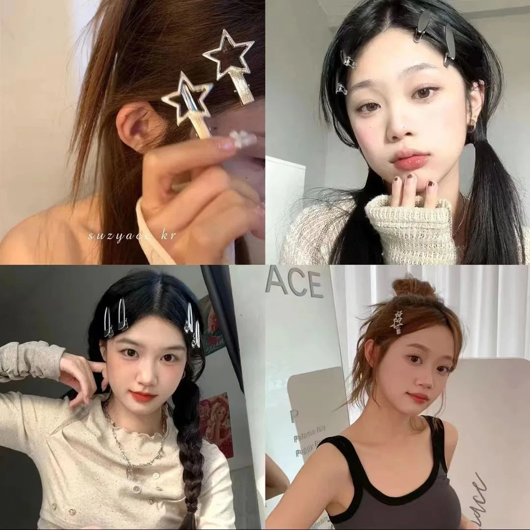 24-Pack Silver Metal Hairpins Set – Star & Seamless Duckbill Clips for Women & Girls