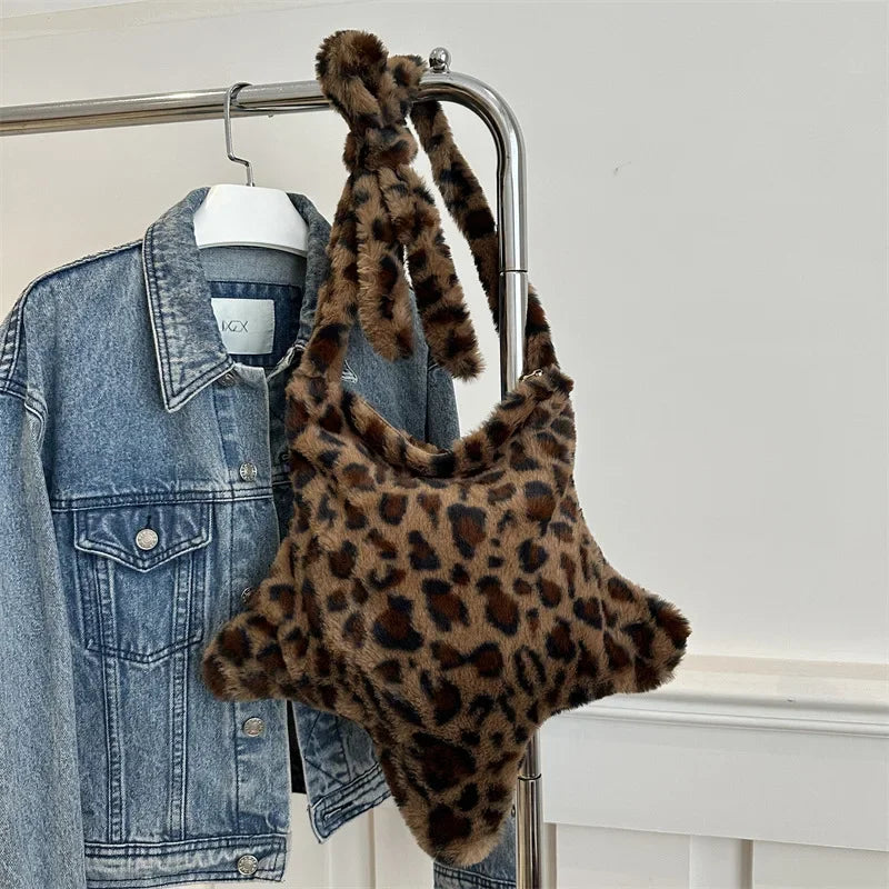 Large Faux Fur Leopard Tote Bag 17in (43cm) – Plush Shoulder & Adjustable Crossbody Bag for Women, Zipper Closure