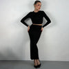 Ruched Long Sleeve Crop Top & High-Waist Bodycon Skirt Two-Piece Set for Women, Solid Casual Spring/Summer