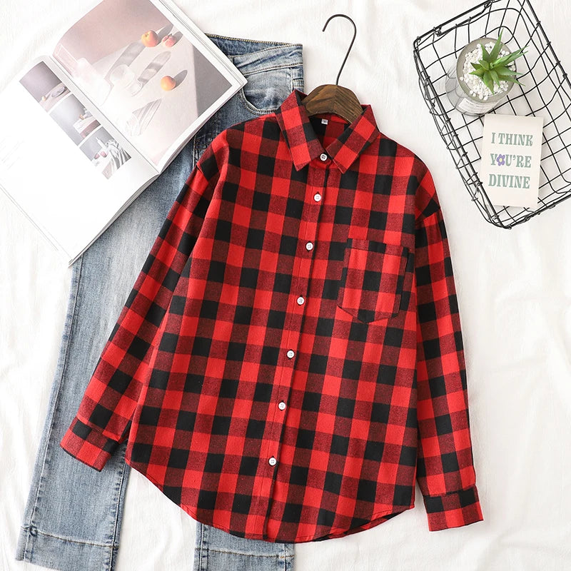 YEOIN Women's Flannel Plaid Shirt - Loose Casual Cotton-Blend Long Sleeve Blouse