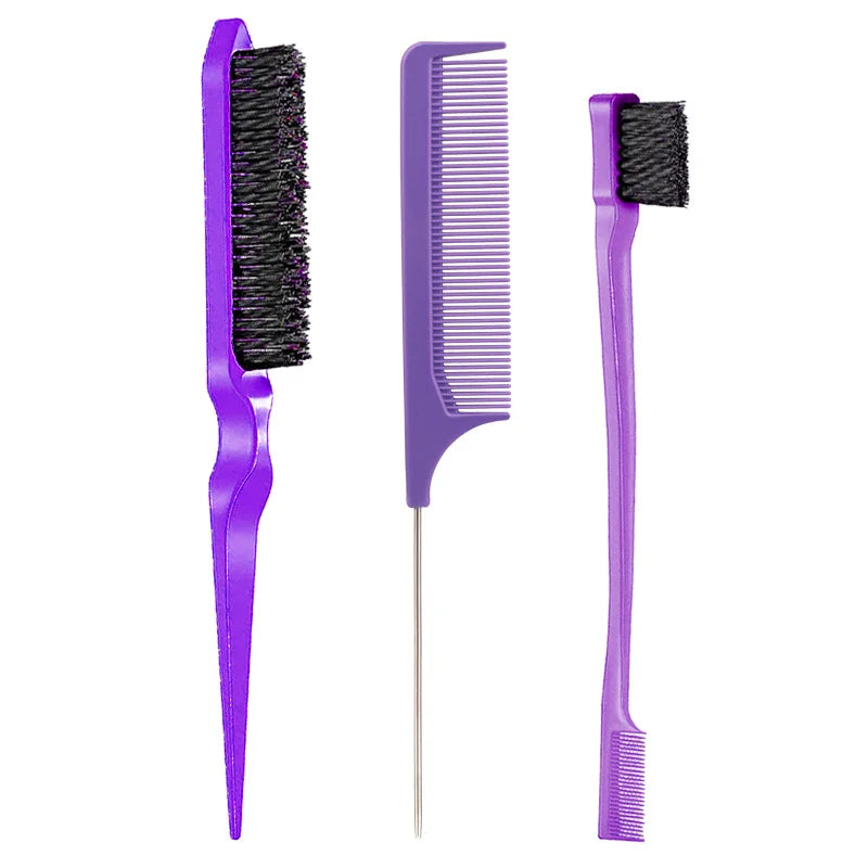 3-Piece Hair Comb & Eyebrow Brush Set - Tail Comb, 3-Row Detangling Comb, Steel Pin Tail Comb