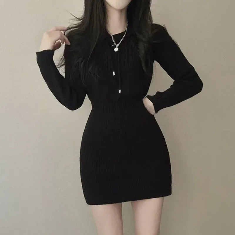 White Thick Knit Hooded Mini Dress - Korean Elastic High-Waist Bandage Long Sleeve Slim Fit