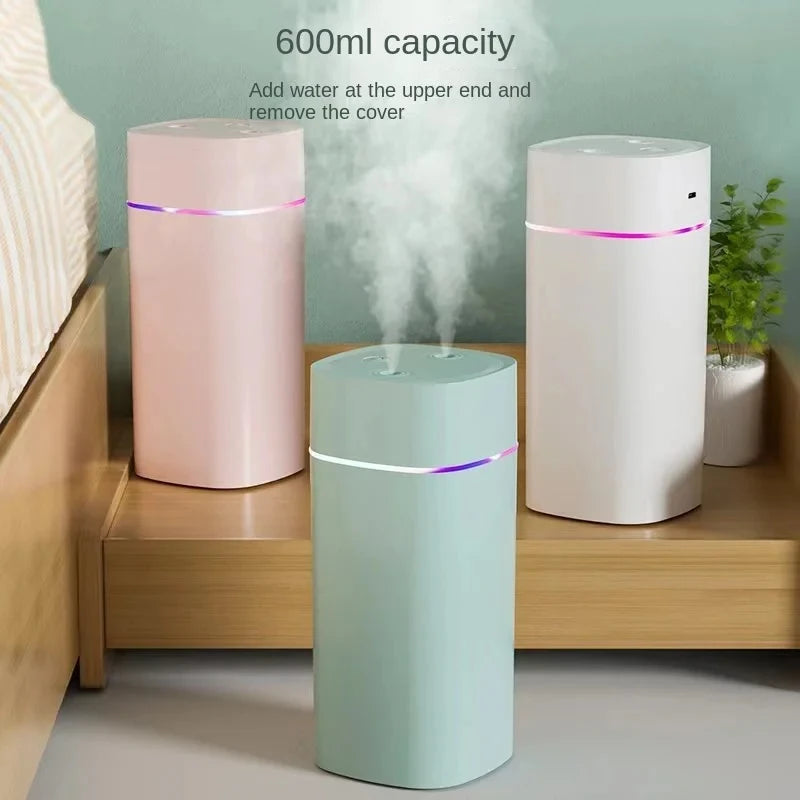 USB Dual-Nozzle Humidifier, 600ml/h Super Mist — Ultra-Quiet Portable Humidifier for Home & Car