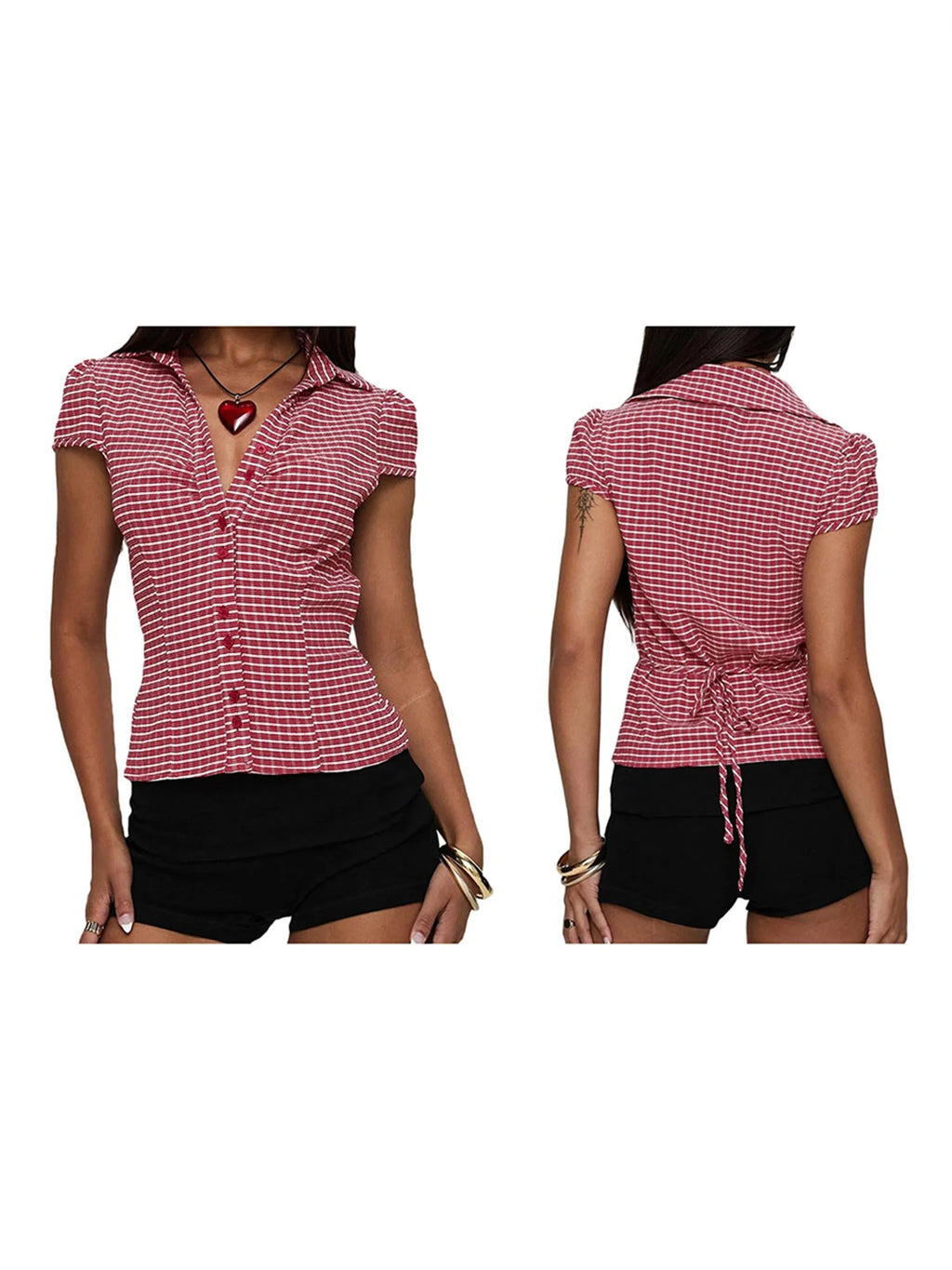 Women's Plaid Short Sleeve Button-Down Shirt Lapel Collar Casual Blouse