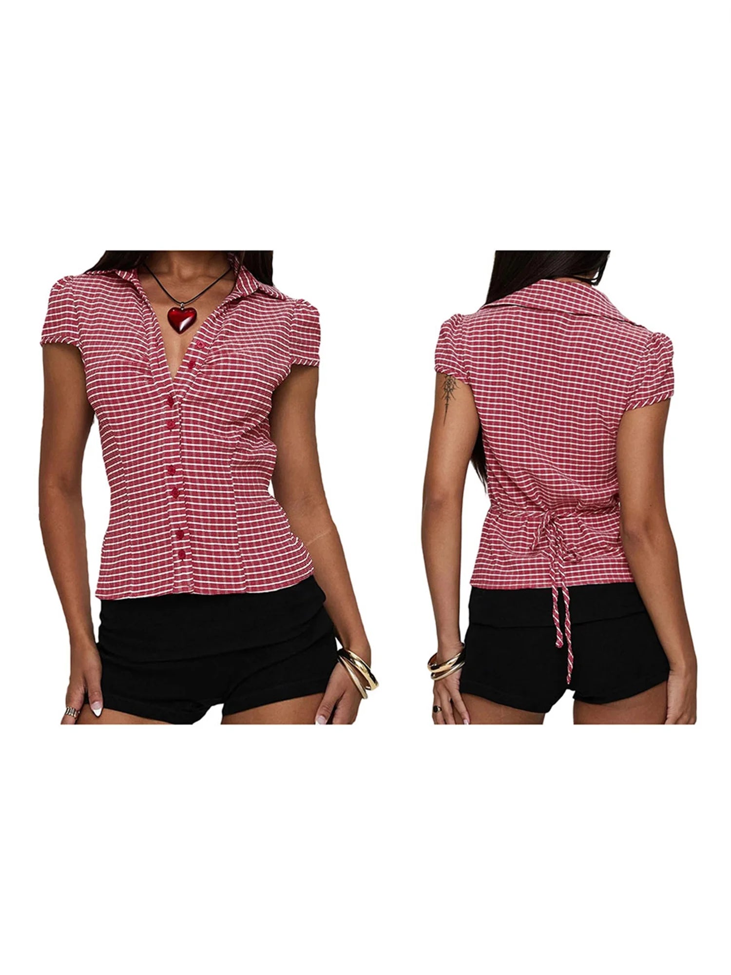 Women's Plaid Short Sleeve Button-Down Shirt Lapel Collar Casual Blouse