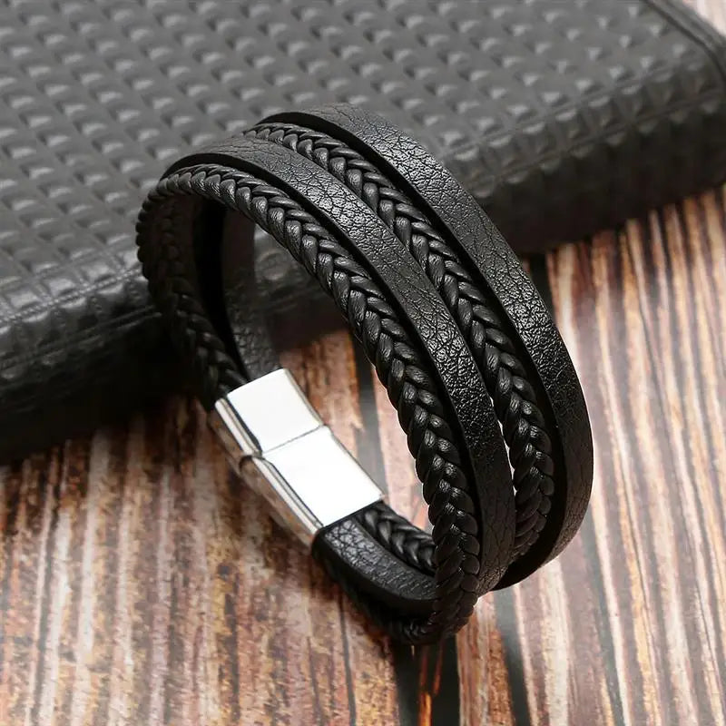 Men's Multi-Layer Woven Leather Bracelet with Alloy Magnetic Buckle - Punk Style, 19/21/23 cm (7.5/8.3/9.1 in)
