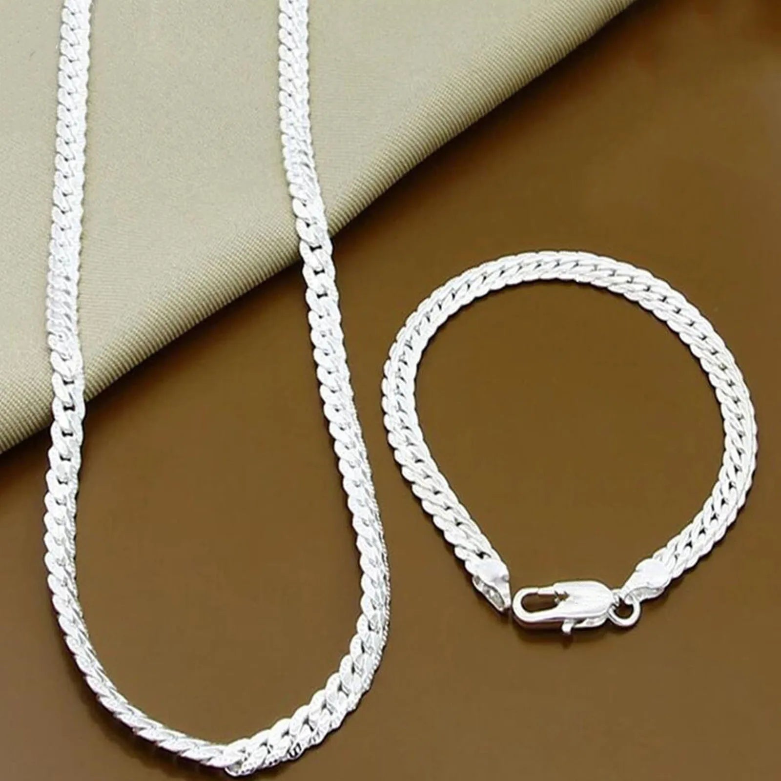 925 Sterling Silver 6mm Chain Necklace Bracelet Set Unisex - Lengths 8/16/18/20/22/24 in (20/41/46/51/56/61 cm)
