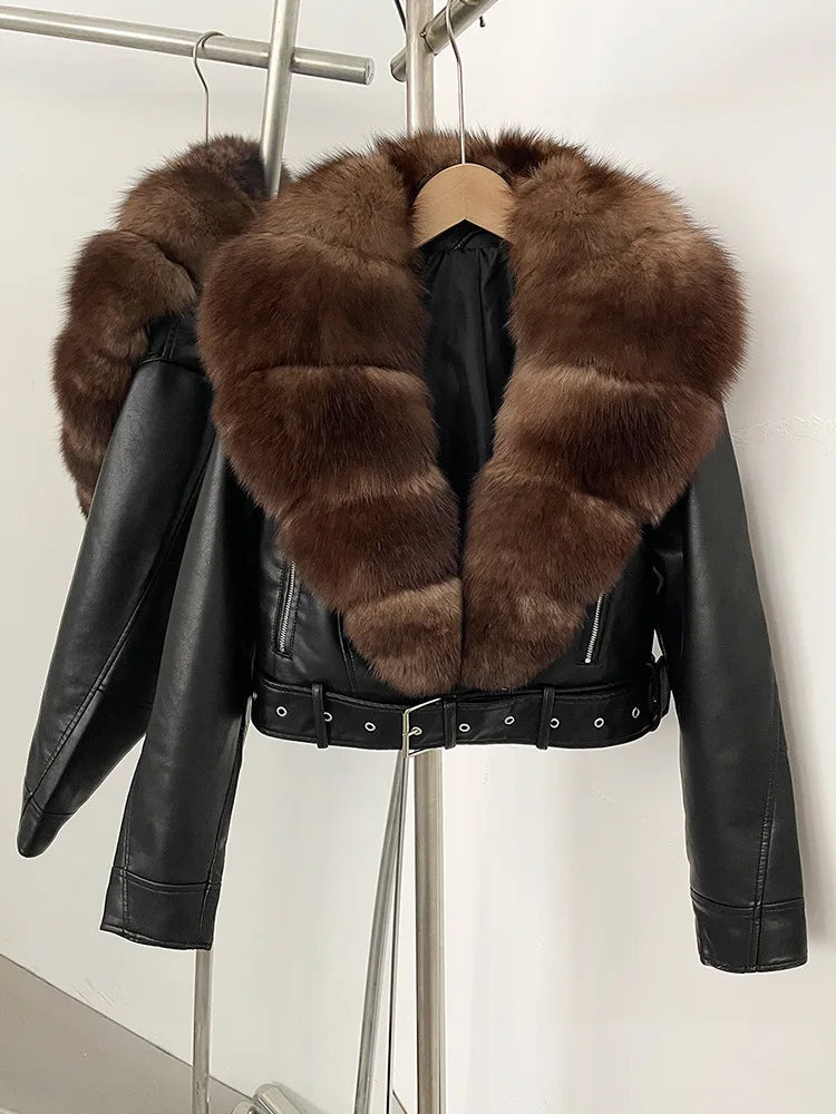 ZMEENNA Women's Faux Leather Moto Jacket with Detachable Faux Fur Collar - Short Warm Winter Coat