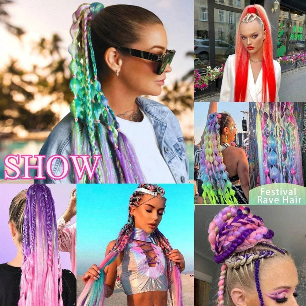 Colorful Synthetic Ponytail Extensions 2-Pack – Long Straight Braided Hairpiece with Elastic Band | High-Temp Fiber