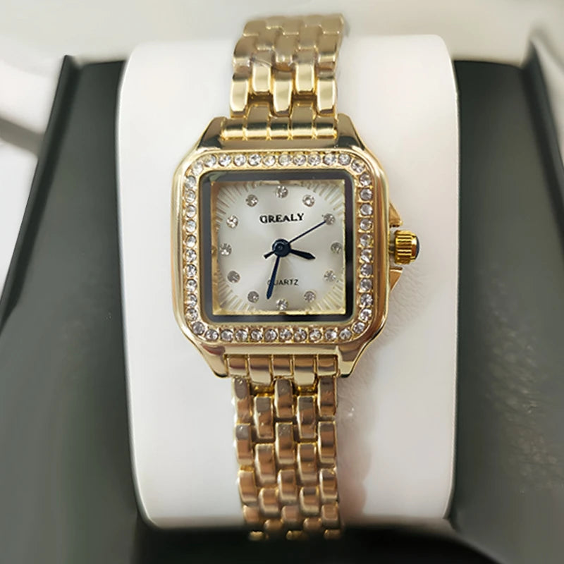Women's Square Quartz Watch with Rhinestone Accents, 27mm Dial Stainless Steel Bracelet Casual Fashion Wristwatch