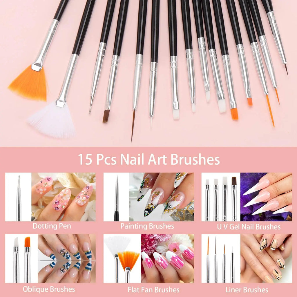 36-Piece Nail Art Brush Set + 5-Piece Silicone Tools — Fine Liner, Striping, Dotting & 3D Gel Acrylic Design Brushes for Home Use
