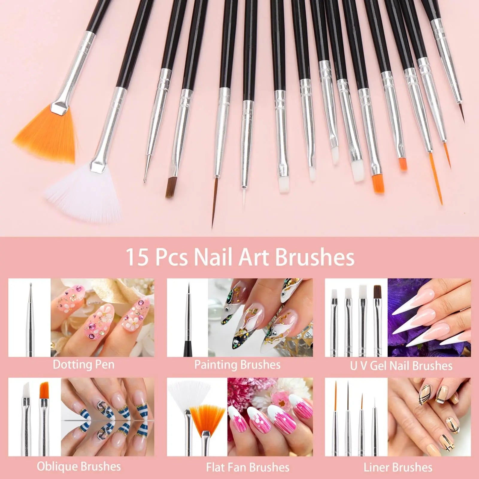 36-Piece Nail Art Brush Set + 5-Piece Silicone Tools — Fine Liner, Striping, Dotting & 3D Gel Acrylic Design Brushes for Home Use