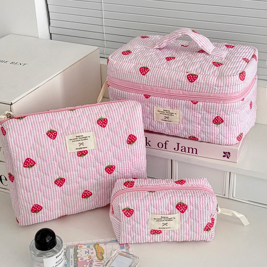 Pink Strawberry Quilted Cosmetic Bag – Portable Travel Makeup Pouch & Toiletry Organizer, Multiple Sizes (Small 15×9×8 cm / 5.9×3.5×3.1 in; Handbag 24×18.5×7 cm / 9.4×7.3×2.8 in; Tote 25×16×15 cm / 9.8×6.3×5.9 i
