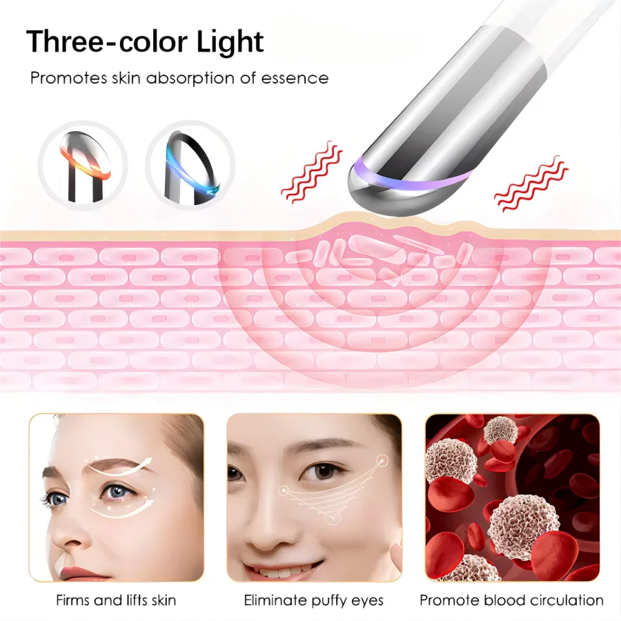 VIMYSHOW 3-in-1 LED Photon Eye & Face Massager — USB Rechargeable Vibration Wand for Dark Circles, Eye Bags & Puffiness