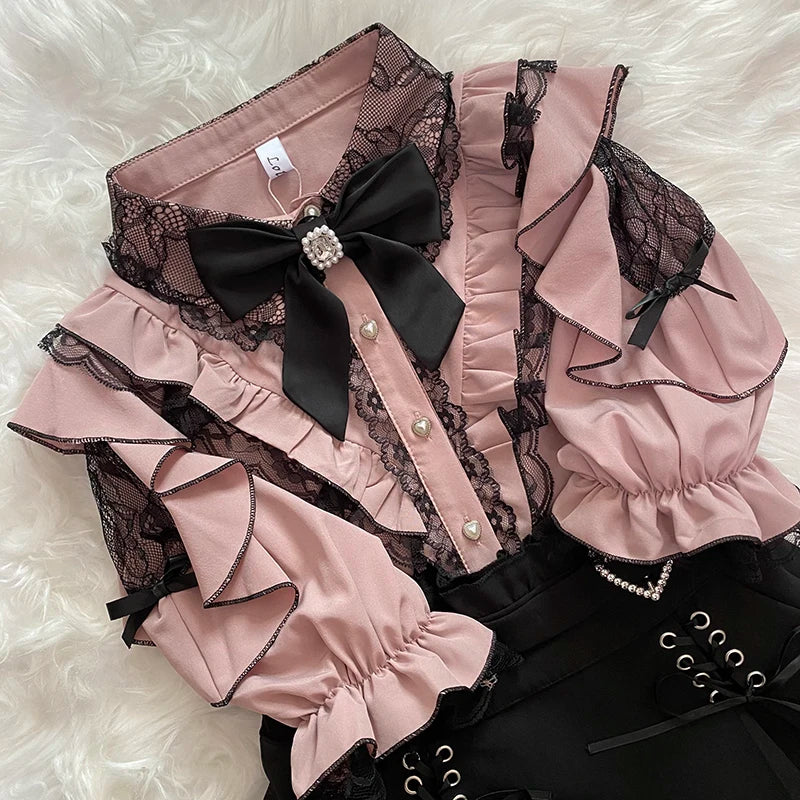 Kawaii Jirai Kei Lolita Y2K Japanese Style Blouse with Peter Pan Collar Long Sleeve Sweet Aesthetic Top for Women