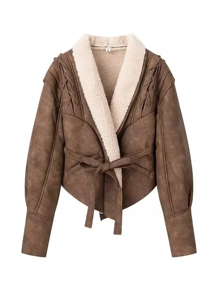 Leather Jackets Women's With Belt Fur Coat Streetwear Fashion Solid Outwear Woman Elegant Jackets Chaqueta De Cuero Para Mujer