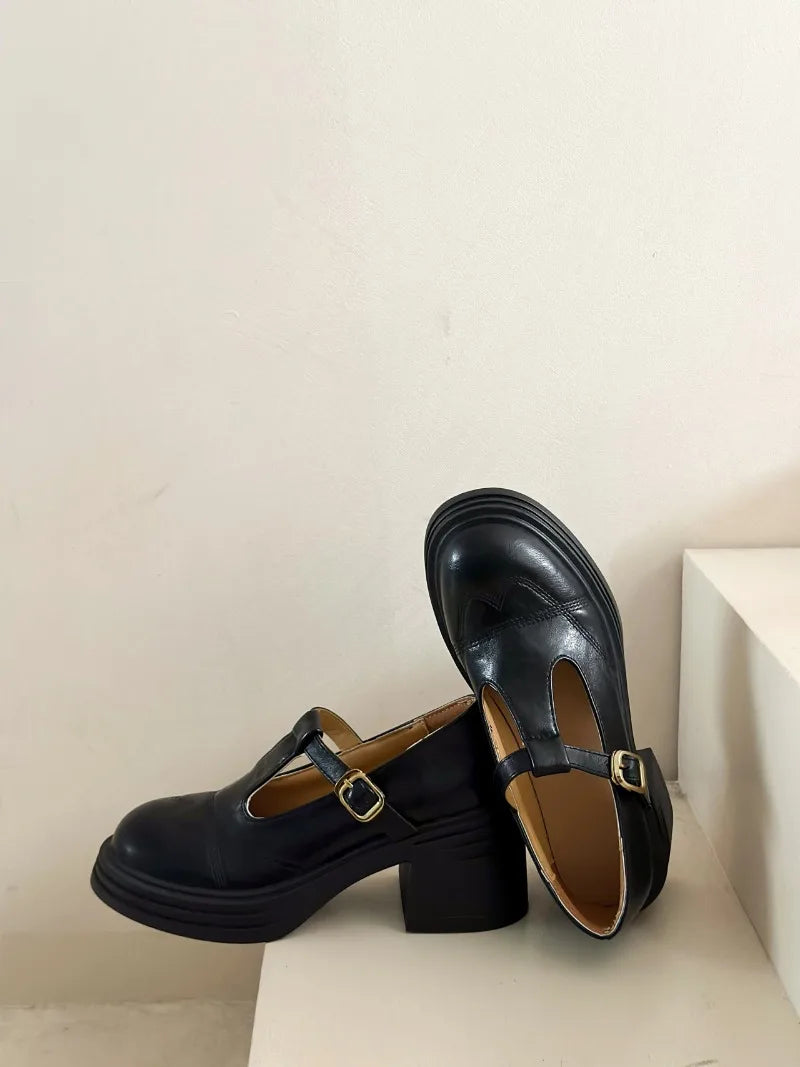 Women's T-Strap Mary Jane Pumps Chunky Square Heel 2–3 in (5–8 cm) Platform PU Round-Toe Buckle
