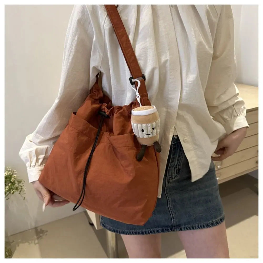 Women's Waterproof Nylon Drawstring Tote Bag – Large Bucket Crossbody Shoulder Bag 38×31×9 cm (14.96×12.20×3.54 in)