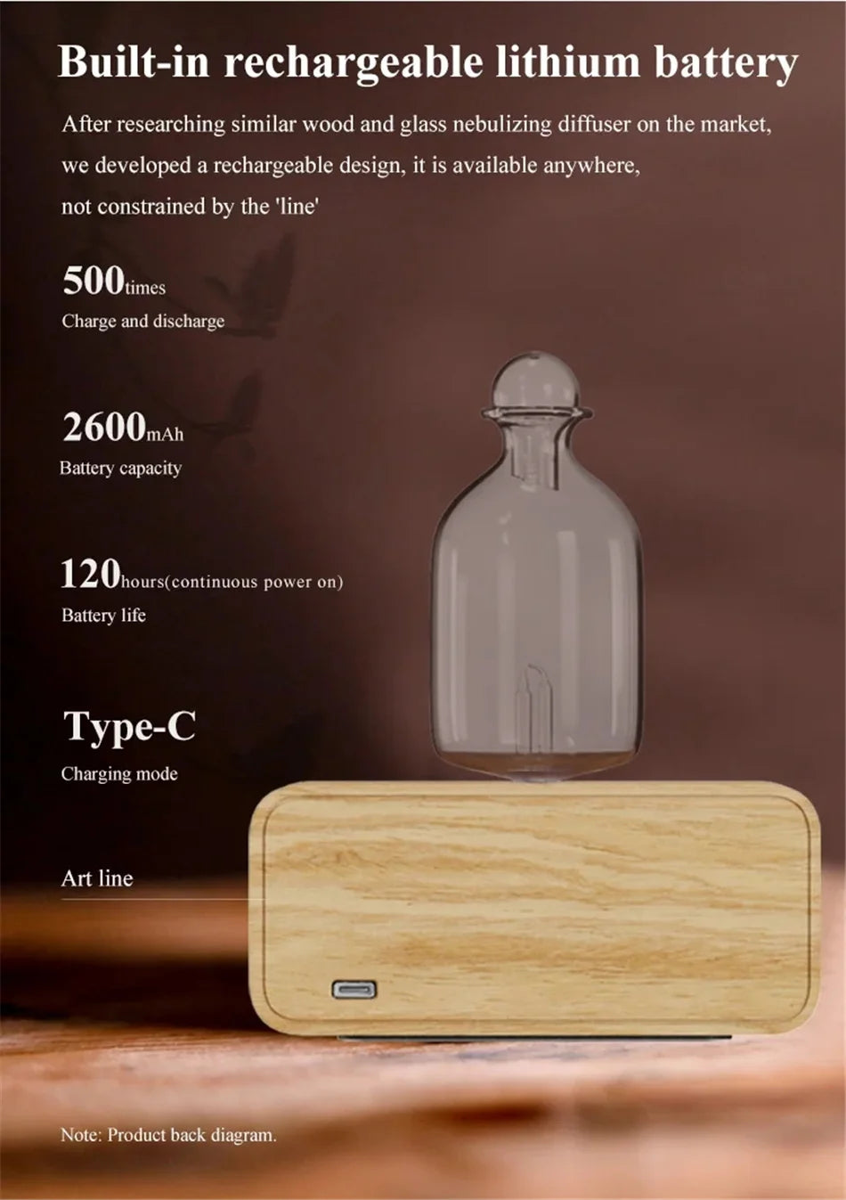 Glass Essential Oil Diffuser with Wood Grain Base — 2600mAh Nebulizer Aromatherapy for Home & Office