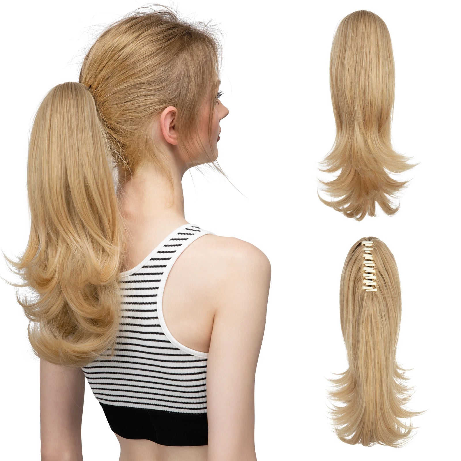 14-Inch (35 cm) Wavy Clip-In Ponytail Extension – Synthetic Claw Clip with Elastic Band, 1 Piece (Blonde/Black)