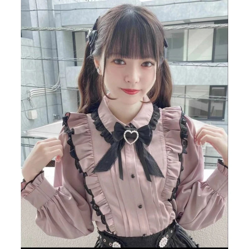 Kawaii Jirai Kei Lolita Y2K Japanese Style Blouse with Peter Pan Collar Long Sleeve Sweet Aesthetic Top for Women