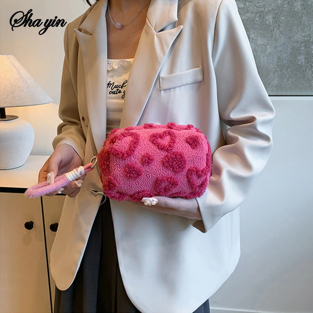 Plush Travel Makeup Bag with Handle, Soft Love-Print Cosmetic Organizer Pouch